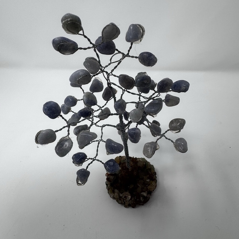 Handmade Gemstone Wire Tree Figurine with Crystal Base, Blue Gray Stone Art - Picture 2 of 3